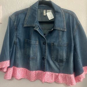 Denim Jacket with Pink Ruffle Trim. Vintage trim